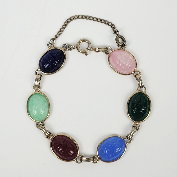 Source Unknown Jewelry - Vtg Egyptian Revival Silver Tone Glass Cabochon Scarabs Bracelet w/Safety Chain